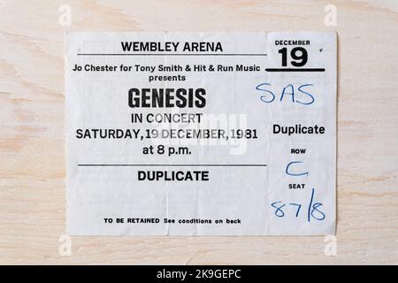 Stub di biglietti per un concerto Genesis il 19th dicembre 1981 alla Wembley Arena, Londra, Regno Unito Foto Stock