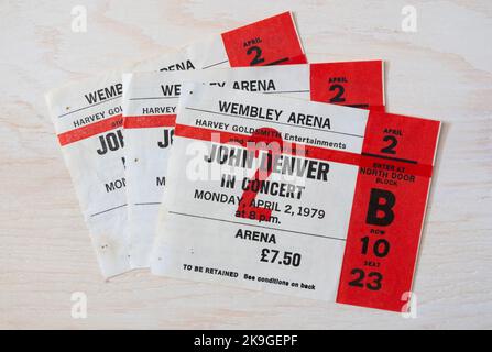 Stub del biglietto per un concerto di John Denver il 2nd aprile 1979 alla Wembley Arena, Londra, Regno Unito Foto Stock