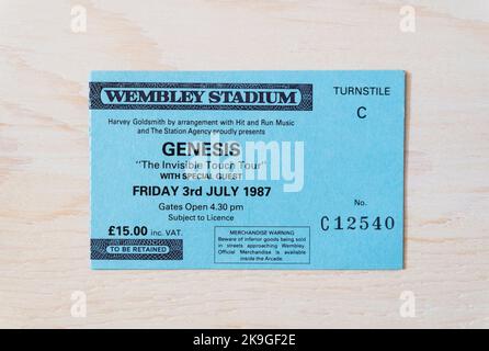 Stub del biglietto per un concerto del Genesis The Invisible Touch Tour il 3rd luglio 1987 alla Wembley Arena, Londra, Regno Unito Foto Stock
