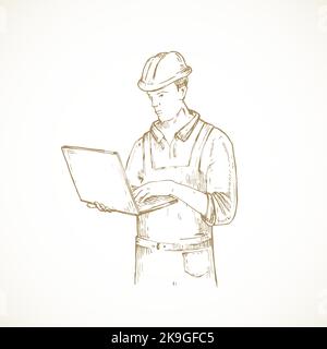 Ingegnere disegnato a mano in un'illustrazione vettoriale del casco. Lavoratore con laptop Operating Engraving Style Drawing. Progettazione e costruzione moderne automatizzate Illustrazione Vettoriale