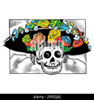 Colore con luminosa fiesta messicana. Cranio pirata con un fedora, cappello largo, coperto di fiori luminosi. Disegno in modalità Fiesta. Pirata di Halloween Illustrazione Vettoriale