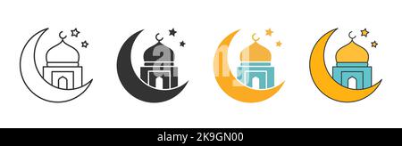 Icona della moschea islamica nella luna crescente che mostra le vacanze del Ramadan. Illustrazione Vettoriale