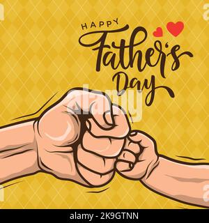 La tipografia del giorno dei Padri felici con il pugno del padre e del figlio in stile di arte di linea sullo sfondo giallo. Primo piano cartoon mani gesto di un bambino e di un adulto Illustrazione Vettoriale