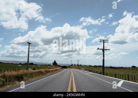 lunga strada asfaltata senza traffico vicino ai poli elettrici che attraversano prati verdi con un sacco di erba sotto un cielo nuvoloso, rotorua, nuova zelanda Foto Stock