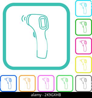 Il termometro senza contatto presenta icone piatte dai colori vivaci con bordi curvi su sfondo bianco Illustrazione Vettoriale