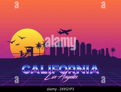 Los Angeles California USA Skyline Synthwave Vaporwave retro Vactor Graphic Palms Illustrazione Vettoriale