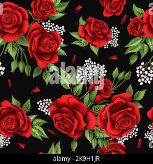 Bouquet di rose rosse e foglie verdi, elementi in mesh motivo senza cuciture Illustrazione Vettoriale