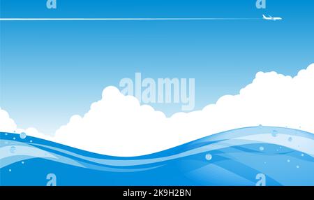 Onda di mare con nuvole bianche nel cielo blu sopra di esso. Paesaggio marino estivo. Vettore Illustrazione Vettoriale