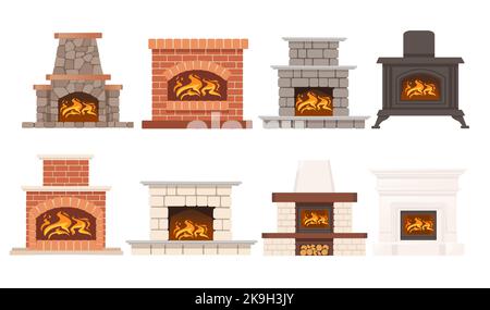Set di moderno camino in pietra con fiamma calda vettore illustrazione isolato su sfondo bianco Illustrazione Vettoriale