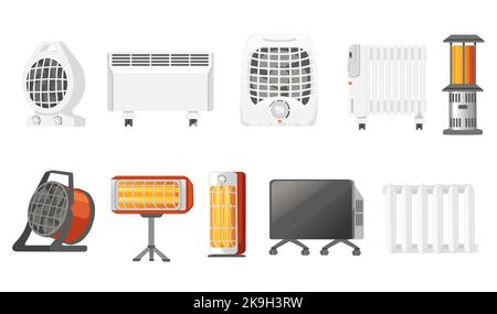Set di riscaldatore d'aria portatile domestico con ventola ed elemento riscaldante in ceramica, illustrazione vettoriale isolata su sfondo bianco Illustrazione Vettoriale