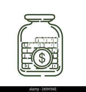 Monete d'oro con simbolo del dollaro in vaso di vetro verde contorno disegno vettoriale illustrazione isolata su sfondo bianco Illustrazione Vettoriale