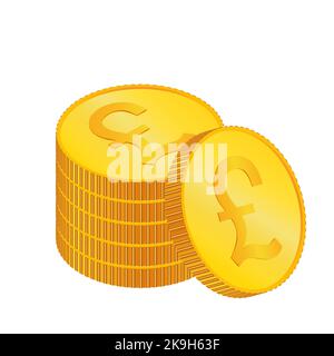 Sterlina. 3D monete fisiche isometriche. Valuta. Monete d'oro con il simbolo della sterlina isolato su sfondo bianco. Illustrazione vettoriale. Illustrazione Vettoriale