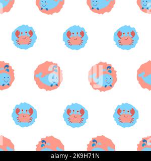 Belle balene e granchi motivo senza cuciture nei colori rosa e blu. Sfondo dei cerchi vettoriali. Illustrazione Vettoriale