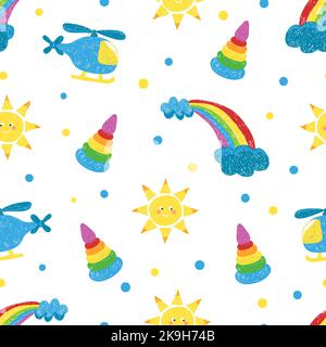 Disegni figli ripetizione senza giunture. Sfondo vettoriale colorato con giocattoli, sole e arcobaleno Illustrazione Vettoriale
