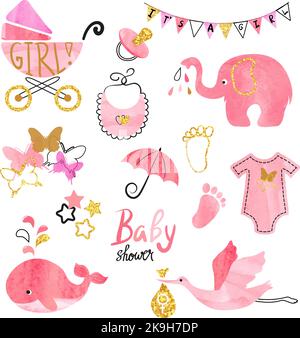 Acquerello Baby Shower girl set. Raccolta di elementi di disegno vettoriale Illustrazione Vettoriale