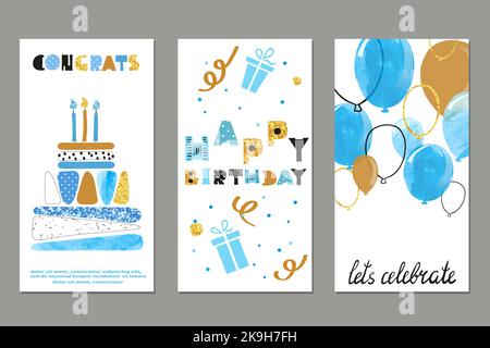 Set di watercolor compleanno biglietti di auguri di design nei colori blu e oro. Illustrazione vettoriale Illustrazione Vettoriale