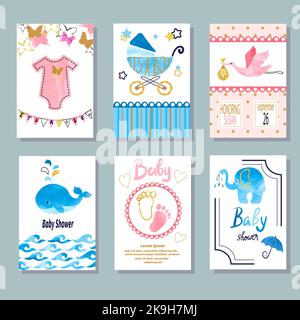 Acquerello Baby Shower Set. Disegno vettoriale per la celebrazione del neonato e le schede di invito Illustrazione Vettoriale