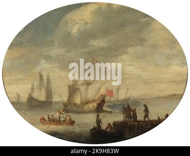 Mercanti armati al largo della costa olandese che si preparano a dare il via alla vela. Attribuito ad Abraham de Verwer. Non datato, tra 1610 e 1650. Foto Stock