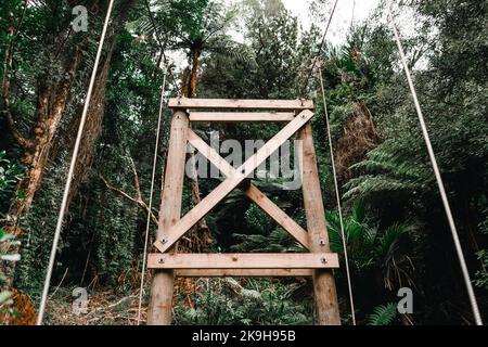 colonne e viti in legno che tengono i fili metallici spessi del ponte sospeso che attraversa la foresta sopra il fiume in isola di ciambelle, nuovo Foto Stock