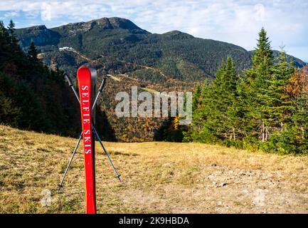 Il monte Mansfield con piste da sci scendendo lungo la collina con un paio di sci come selfie point Foto Stock