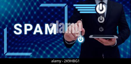 Didascalia di testo con Spam. Idea di business non sollecitato di solito messaggio commerciale inviato un gran numero di destinatari Foto Stock