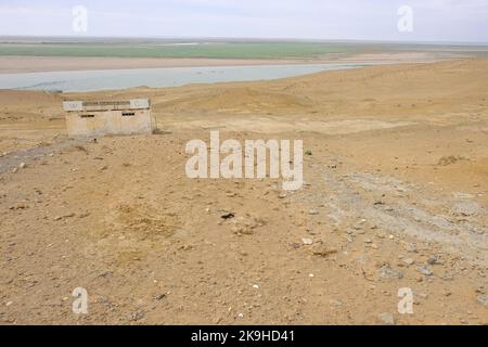 WC remoto Vista Uzbekistan attraverso il fiume Amu Darya con Turkmenistan sul lato lontano da un punto di vista lungo la strada A380 nella regione Karakalpakstan Foto Stock