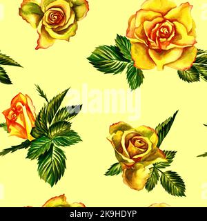 Motivo floreale di rose su sfondo giallo. Motivo senza giunture acquerello. Rose gialle. Per la progettazione di tessuti, imballaggi, sfondi, wallpap Foto Stock