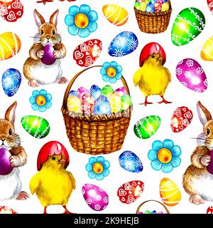 Sfondo di Pasqua colorato. Modello senza giunture con uova, polli e conigli. Illustrazione acquerello. Vacanza. Per i tessili, gli imballaggi, le decorazioni, Foto Stock