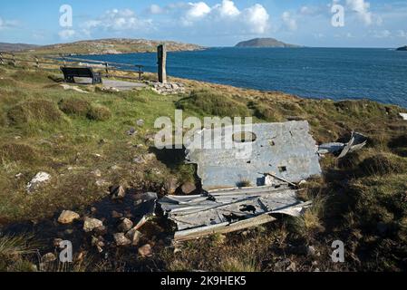 Naufragio di una barca Catalina che si schiantò sull'isola di Vatersay nel 1944 durante la seconda guerra mondiale. Foto Stock