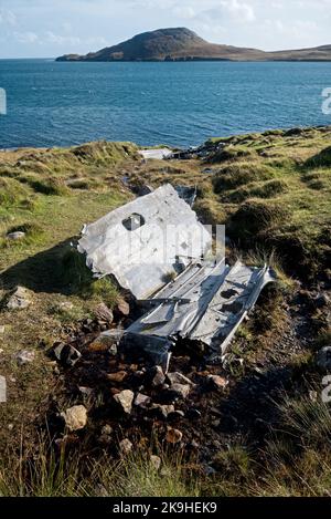 Naufragio di una barca Catalina che si schiantò sull'isola di Vatersay nel 1944 durante la seconda guerra mondiale. Foto Stock