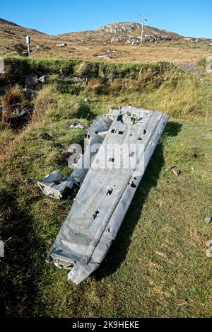 Naufragio di una barca Catalina che si schiantò sull'isola di Vatersay nel 1944 durante la seconda guerra mondiale. Foto Stock