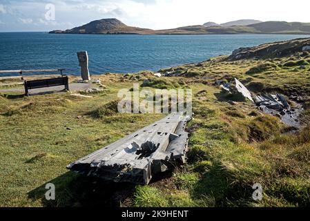 Naufragio di una barca Catalina che si schiantò sull'isola di Vatersay nel 1944 durante la seconda guerra mondiale. Foto Stock