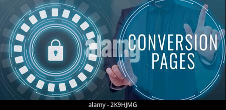 Segno di testo che mostra le pagine di conversione. Business idea grafica ufficiale del logo e del nome di un imprenditore aziendale che punta con due dita Foto Stock