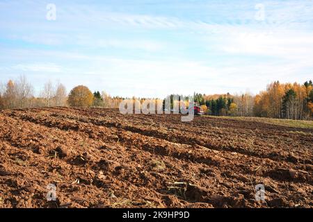 Il trattore aratri un campo in autunno accompagnato da una foresta Foto Stock