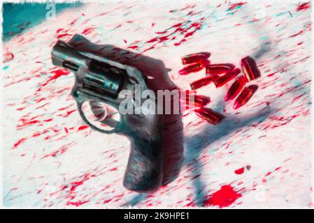 Un revolver nero, Ruger, 9mm, snub-nosed e un gruppo di 9mm proiettili. Foto Stock
