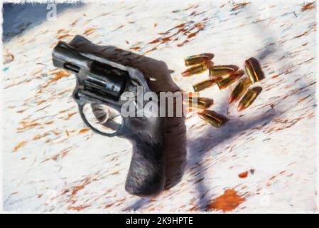 Un revolver nero, Ruger, 9mm, snub-nosed e un gruppo di 9mm proiettili. Foto Stock