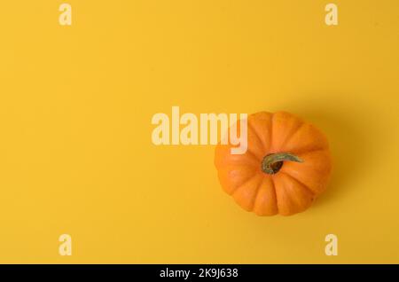 Vista dall'alto della zucca arancione con spazio copia su sfondo giallo con spazio copia per il testo. Foto Stock