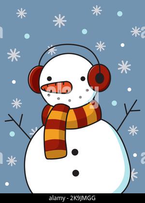 Carta di Capodanno. Pupazzo di neve sullo sfondo di fiocchi di neve. Illustrazione vettoriale. Illustrazione Vettoriale