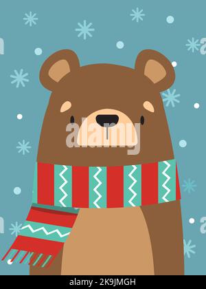 Carta di Capodanno. Carino orso in una sciarpa a righe. Illustrazione vettoriale. Illustrazione Vettoriale