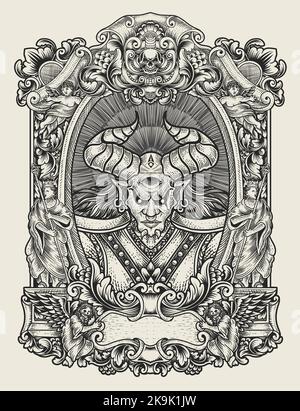 Illustrazione demone di badass con ornamento di incisione Illustrazione Vettoriale