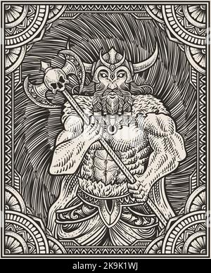 Illustrazione di antichi guerrieri vichinghi con cornice ornamentale intagliata Illustrazione Vettoriale