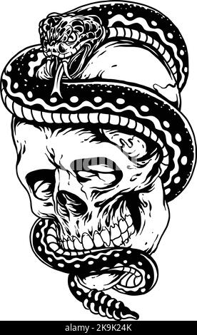 Cranio e serpente contorno Clipart illustrazioni vettoriali grafiche per il tuo logo di lavoro, maglietta, adesivi e disegni di etichette, poster Illustrazione Vettoriale