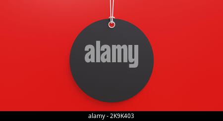 Black Friday Vendita prezzo tag. Etichetta circolare vuota vuota appesa su sfondo rosso, spazio copia. Modello di vendita per le festività. rendering 3d Foto Stock