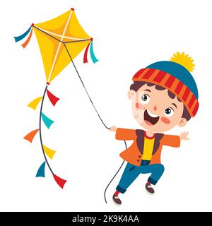 Bambino che gioca con Un aquilone colorato Illustrazione Vettoriale