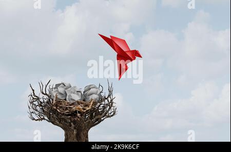 Lasciando la metafora nido come un concetto per lo sviluppo di abilità ed essere pronti per l'occasione come un gruppo di uova di carta sbriciolate con un origami volante Foto Stock