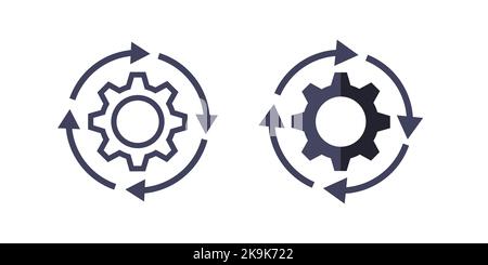 Linea di elaborazione del flusso di lavoro dell'ingranaggio e icona piatta. Illustrazione vettoriale isolata Illustrazione Vettoriale