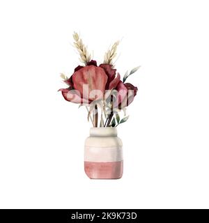 Illustrazione floreale acquerello con rose rosse scure secche e bouquet di grano in vaso rosa chiaro in una composizione vintage retro su sfondo bianco Foto Stock