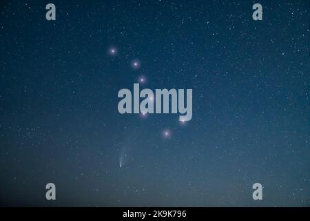 Cometa c/2020 F3 Neoswise nel profondo cielo notturno vicino alla costellazione dell'Ursa maggiore o del Grande Orso. Foto Stock