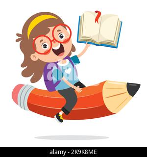 Divertente Kid Flying su matita colorata Illustrazione Vettoriale