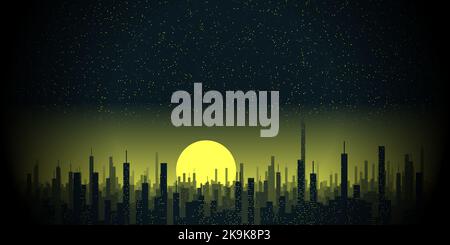 città notturna del futuro con la luna gialla enorme Foto Stock